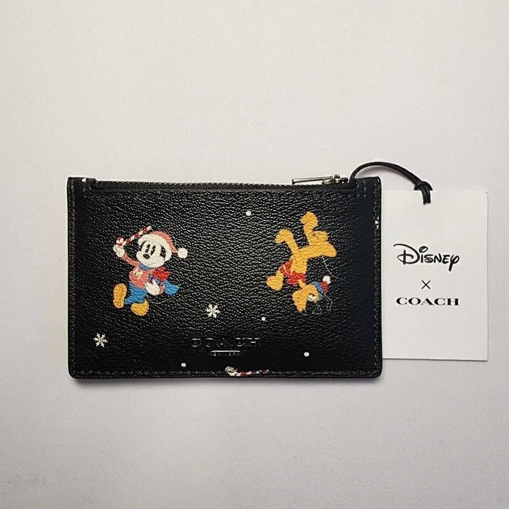 NWT Coach CM725 Disney X Coach Zip Card Case With Holiday Print Black Mu…
